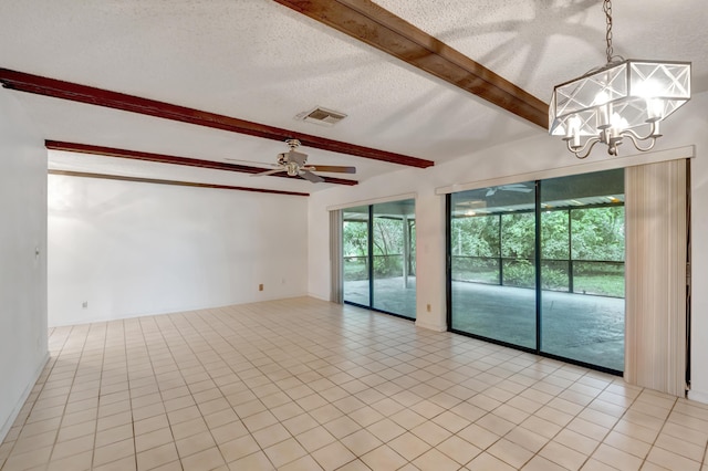 spare room with ceiling fan with notable chandelier, a textured ceiling, beam ceiling, and light tile patterned flooring