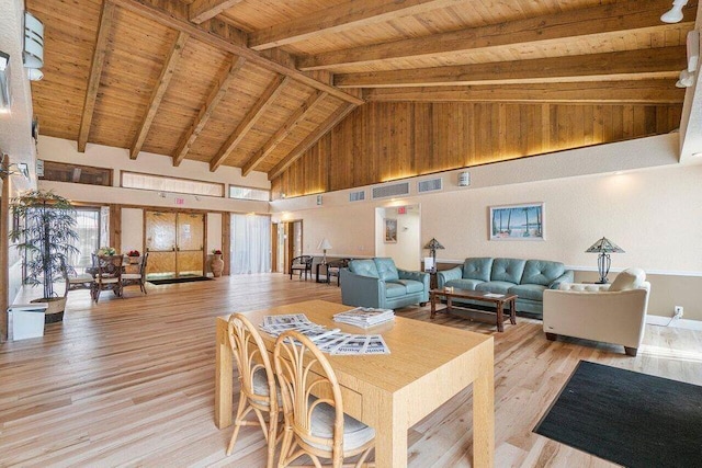 dining room with high vaulted ceiling, beam ceiling, wood ceiling, and light hardwood / wood-style flooring