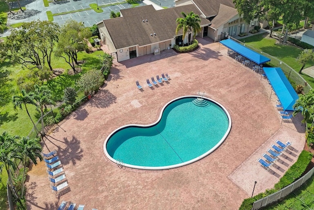 view of swimming pool featuring a patio area