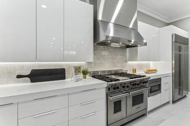 kitchen with high end appliances, tasteful backsplash, range hood, and white cabinets