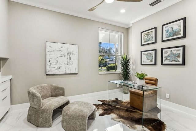 home office featuring crown molding and ceiling fan