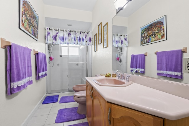 bathroom with a bidet, tile patterned flooring, toilet, walk in shower, and vanity