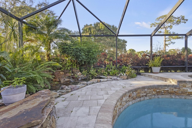 view of swimming pool with a lanai and a patio