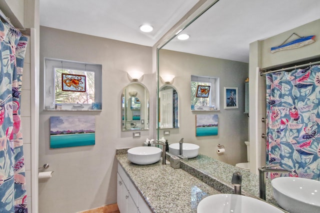 bathroom featuring a wealth of natural light, vanity, a shower with shower curtain, and toilet