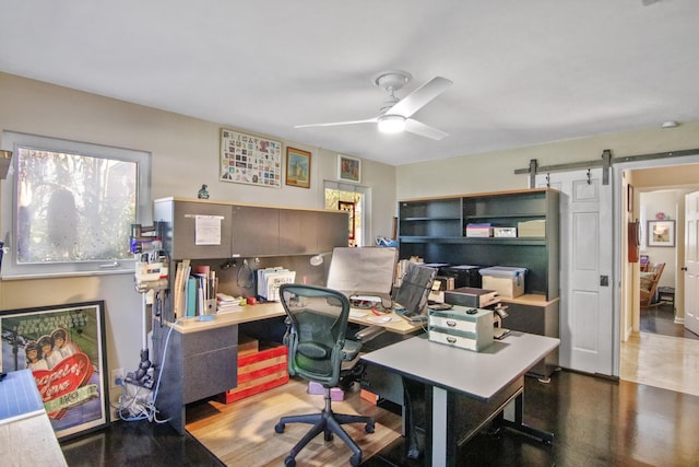 office space featuring ceiling fan and a barn door