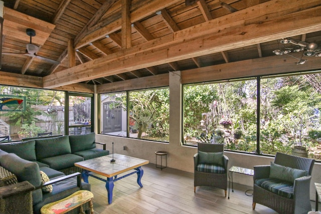 sunroom / solarium with lofted ceiling with beams and wooden ceiling