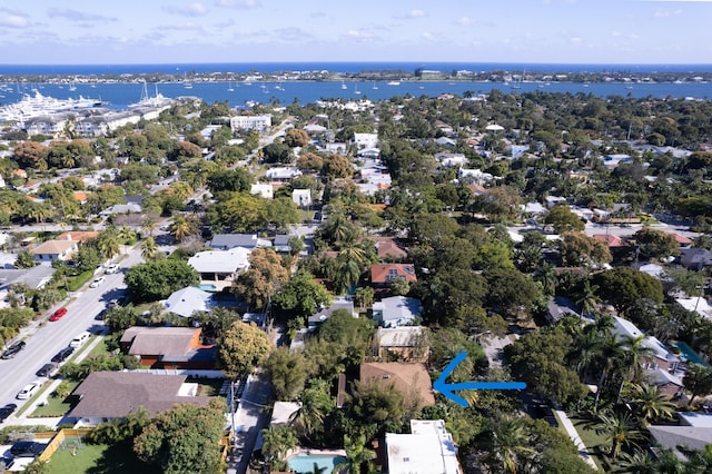 bird's eye view with a water view