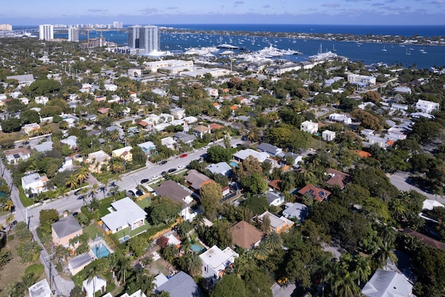 drone / aerial view featuring a water view