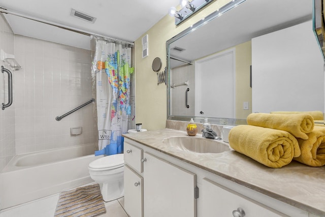 full bathroom featuring toilet, vanity, tile patterned flooring, and shower / bath combo with shower curtain