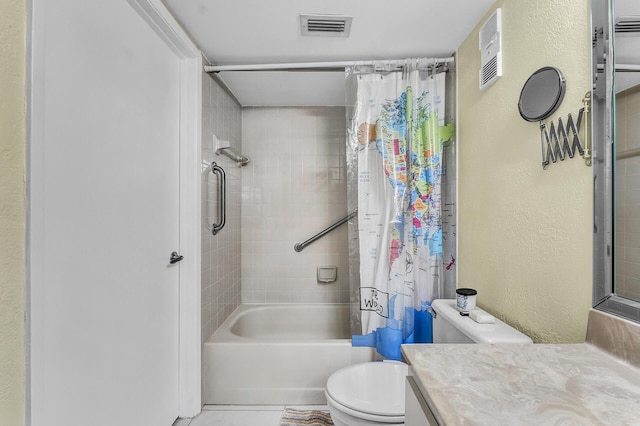 full bathroom with toilet, shower / bath combination with curtain, and vanity