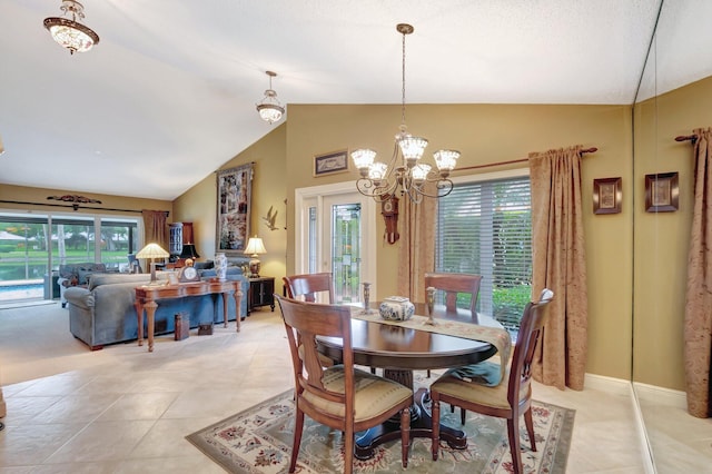 tiled dining room with lofted ceiling and a notable chandelier