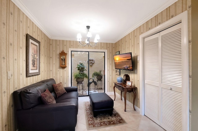 tiled living room featuring wood walls, crown molding, and a chandelier