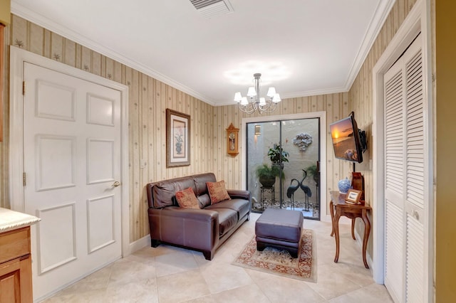 interior space featuring light tile patterned floors, a notable chandelier, and crown molding