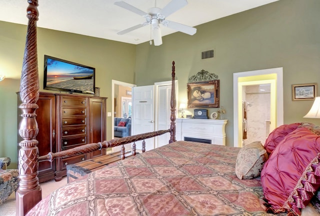 bedroom with ceiling fan and ensuite bathroom