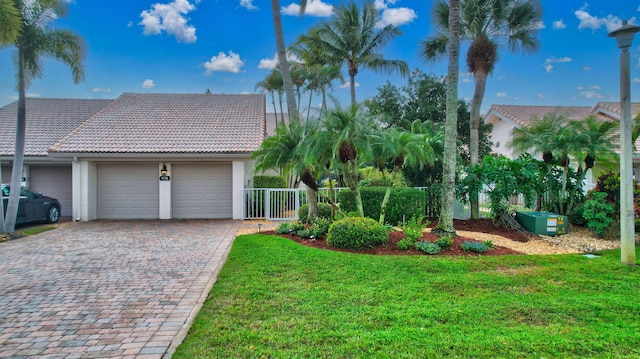 view of front facade with a front yard and a garage