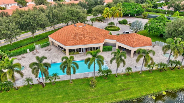 drone / aerial view featuring a water view