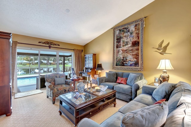 carpeted living room with lofted ceiling and a textured ceiling