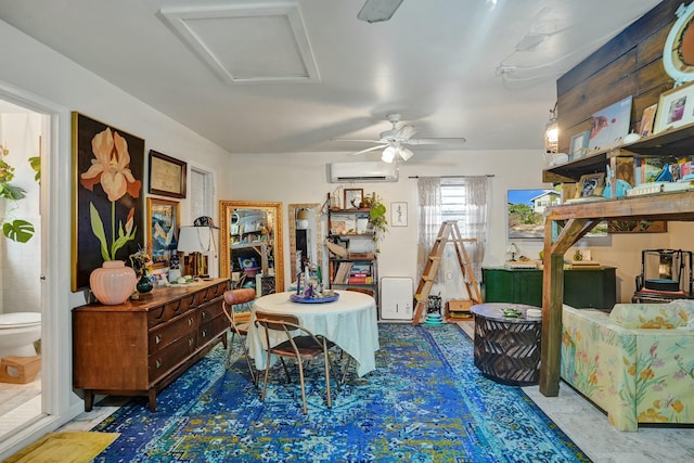 interior space with a wall unit AC and ceiling fan