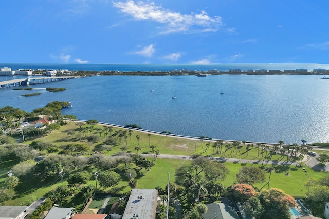 drone / aerial view featuring a water view