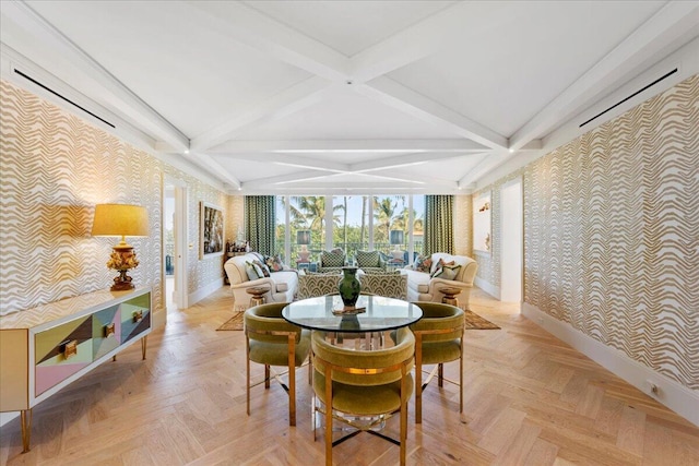 dining space with expansive windows, beamed ceiling, and light parquet flooring