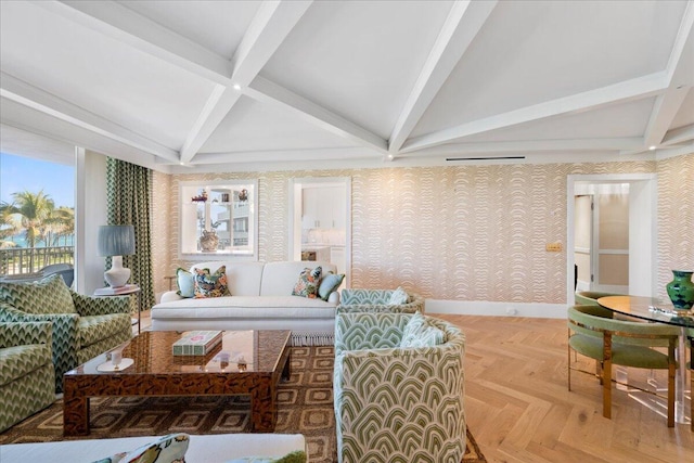 living room with beam ceiling and parquet flooring