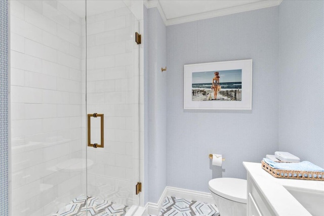 bathroom with an enclosed shower, vanity, toilet, and crown molding