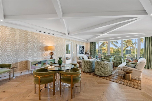 sunroom / solarium featuring beamed ceiling