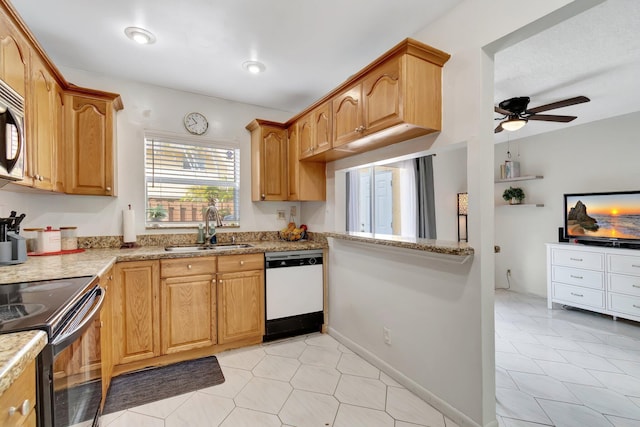 kitchen featuring electric range, sink, ceiling fan, light stone counters, and white dishwasher