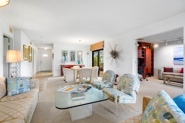 carpeted living room with a textured ceiling and rail lighting