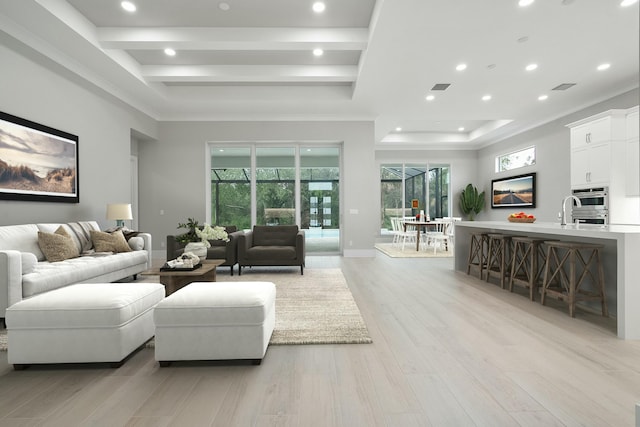 living room featuring crown molding and light hardwood / wood-style flooring