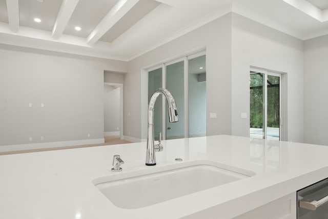 room details with beamed ceiling and sink