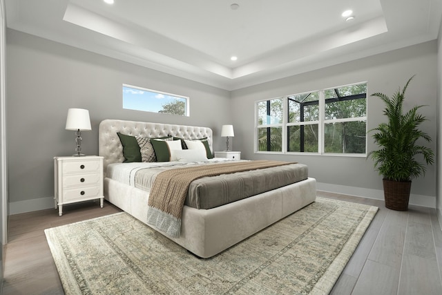 bedroom with hardwood / wood-style floors and a tray ceiling