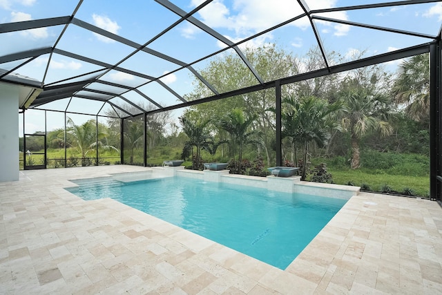 view of swimming pool with a lanai and a patio