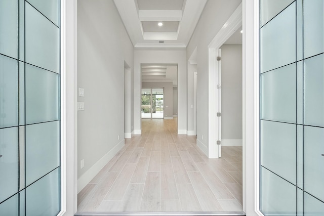 hallway featuring light wood-type flooring and a tray ceiling