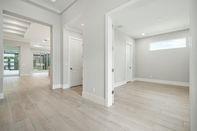 empty room with a healthy amount of sunlight, light wood-type flooring, and crown molding