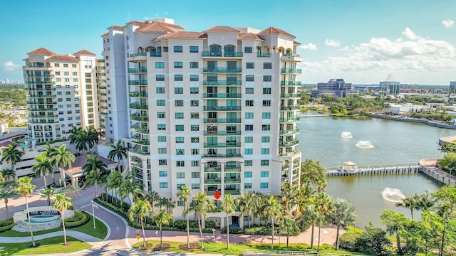 view of building exterior featuring a water view