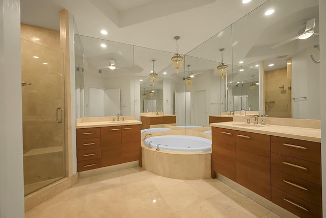 bathroom with shower with separate bathtub, vanity, and ceiling fan