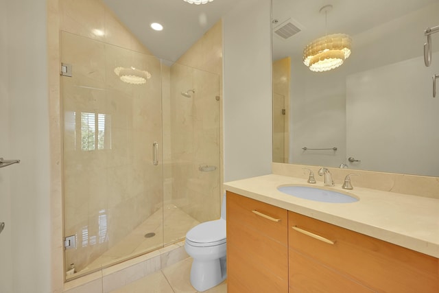 bathroom featuring vanity, lofted ceiling, tile patterned floors, toilet, and an enclosed shower