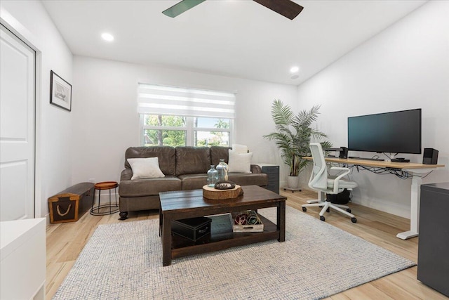 living room featuring ceiling fan and light hardwood / wood-style floors