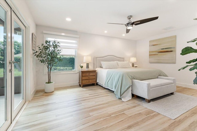 bedroom with access to outside, ceiling fan, and light hardwood / wood-style flooring