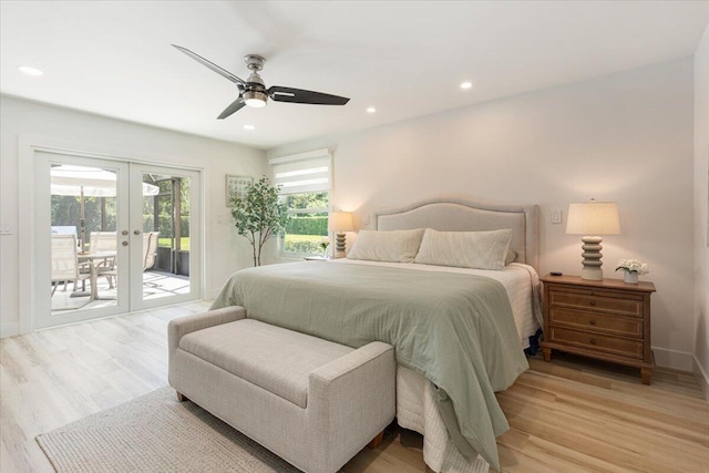 bedroom with access to exterior, ceiling fan, french doors, and light hardwood / wood-style floors