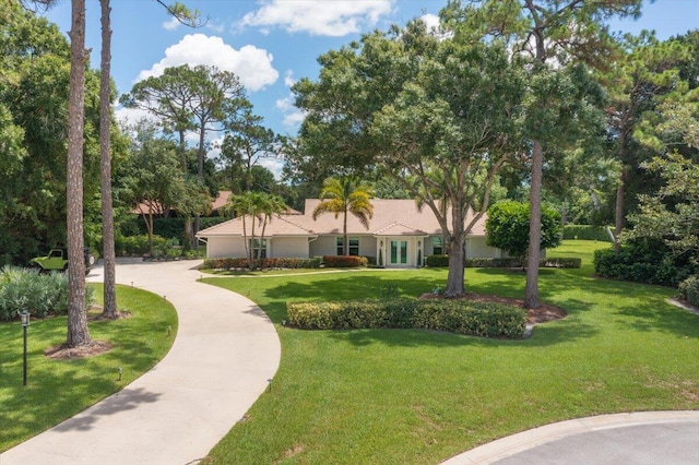 surrounding community featuring a lawn and curved driveway