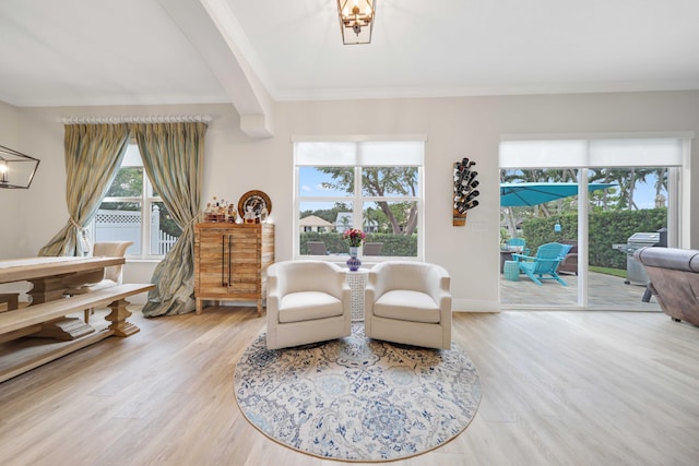 living area with wood-type flooring, crown molding, and a chandelier