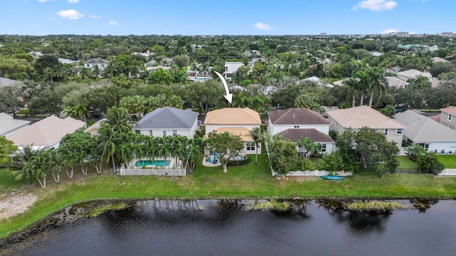 drone / aerial view featuring a water view