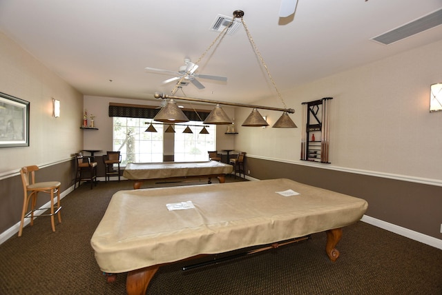 playroom with ceiling fan, dark colored carpet, and pool table