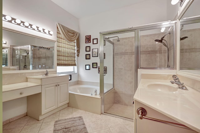 bathroom featuring tile patterned floors, vanity, and independent shower and bath