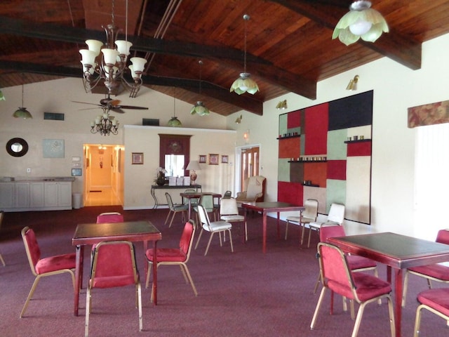 dining space with carpet flooring, high vaulted ceiling, wood ceiling, and beamed ceiling