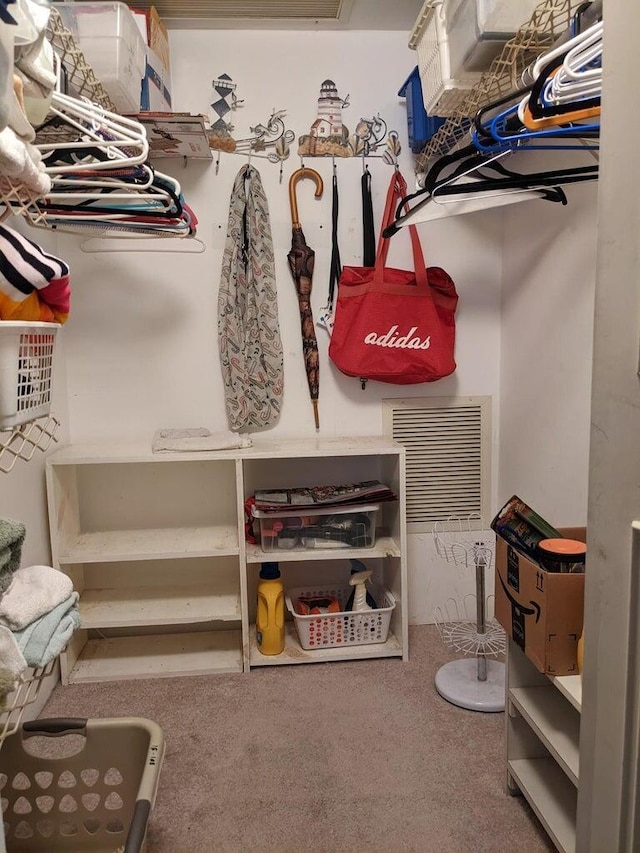 walk in closet featuring carpet flooring