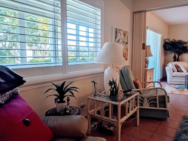 living area featuring tile patterned floors