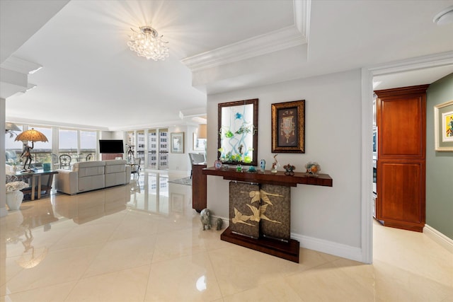 corridor with light tile patterned floors, crown molding, and an inviting chandelier